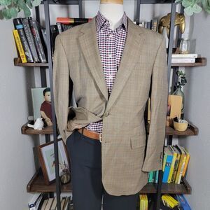 JOS A BANK Mens Sport Coat Blazer Two Button Brown Plaid Houndstooth Wool Sz 43L